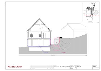 Snittegning (Snitt A3) som viser tverrsnittet av en bygning, inkludert takform, vinduer, trapp og grunnmur.