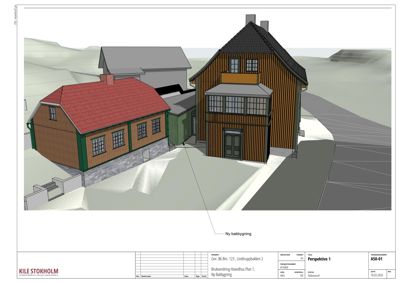 3D-visualisering (rendering) av en ny bakbygning i forhold til eksisterende bygninger.