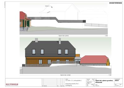 Bildet viser to fasadetegninger (oppriss) av en eksisterende bygning, sett fra henholdsvis sydvest og nordøst.
