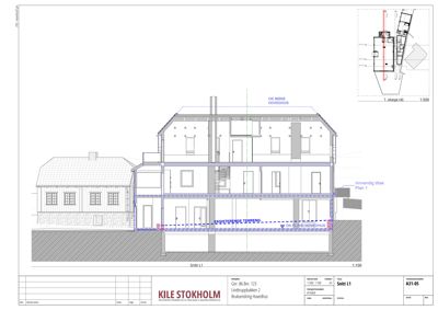 Snittegning (Snitt L1) som viser bygningens tverrsnitt, inkludert etasjer, vinduer, dører, trapp og grunnmur.