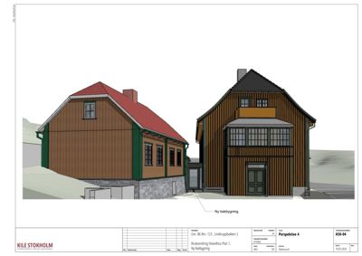 3D-visualisering (rendering) av to hus, en eksisterende og en ny bakbygning, sett fra en vinkel.