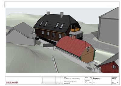 3D-visualisering (rendering) av en nybyggingsplan for en brukseiendom i Lindruppveien 2. Bildet viser bygningene sett fra en vinkel (perspektiv) med omgivelsene.