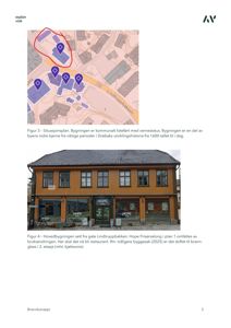 Fotografi av en toetasjes bygning med gule fasader og mørke vinduer, sett fra Lindtruppbakken. Bildet viser også en sykkel foran bygningen.