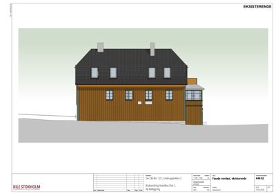Fasadetegning som viser bygningens utseende sett fra nordøst. Tegningen er merket 'EKSISTERENDE' og viser en eksisterende bygning med en ny tilbygning.