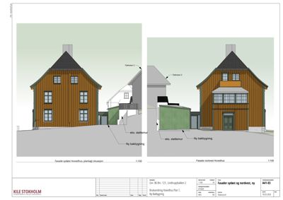 Tegning som viser fasader (sydøst og nordvest) av et hovedhus med tilhørende bakbygninger og støttemurer.