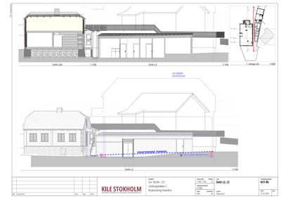 Tegning som viser tverrsnitt (snitt) gjennom en bygning, inkludert etasjeplan for 1. etasje.
