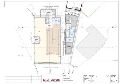 Etasjeplan (1. etasje) for en nybygget leilighet i Hovedhuset på Bruksending. Planen viser romfordeling, arealer, dører og vinduer.