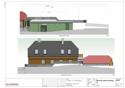 Fasadetegning som viser oppriss av bygning sett fra sydvest og nordvest.