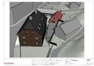 3D-visualisering (rendering) av en bygning i et nabolag, sett fra en vinkel.