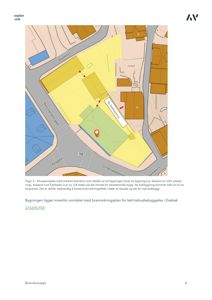 Situasjonsplan som viser eiendomsområdet med eksisterende og planlagt bygninger, samt avstander til nabolaget og brannsikringskrav.