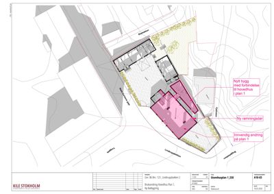 Situasjonsplan som viser tomtens grenser, nabobebyggelse, veier og planlagt nybygging med fargekodet informasjon om endringer.
