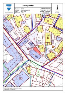 Situasjonskart som viser eiendomsnummer, adresse, planlagt bygning og nabolag i Frogn kommune.