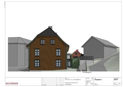 3D-visualisering (rendering) av en ny bakbygning i et perspektiv.