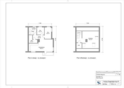 Plantegning som viser romfordeling og arealer for 2. etasje og loftsetasje.