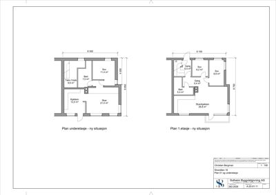 Plantegning som viser romfordeling og arealer for to etasjer (underetasje og 1. etasje) av en bolig.