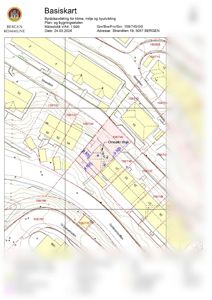 Situasjonsplan (Basiskart) som viser eiendomsgranser, bygninger, vegnett og topografi for et område i Bergen.