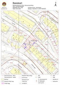 Situasjonsplan (Basiskart) som viser eiendomsgranser, bygninger, vegnett og topografi for et område i Bergen.