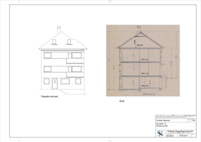 Tegning som viser fasade mot øst og snitt av en bygning.