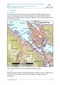 Et kart som viser lokalisering av et område i Bergen (Strandlien) med topografi, veier og bygningsområder.