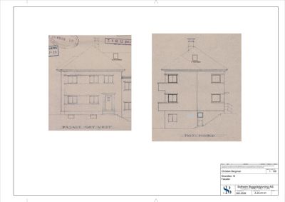 Fasadetegning som viser bygningens utsyn mot vest og mot nord.