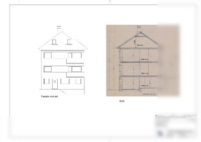 Tegning som viser fasade mot øst og snitt av en bygning.