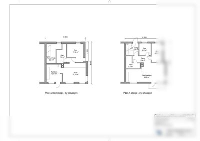 Plantegning som viser romfordeling og arealer for to etasjer (underetasje og 1. etasje) av en bolig.