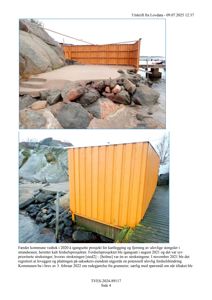 Fotografier av en ferd og en container på en strandsonen, inkludert tekstbeskrivelse under.