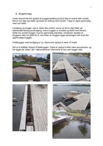 Fotografier av en brygge og landgang i sjø, inkludert detaljer av treverket og betong.