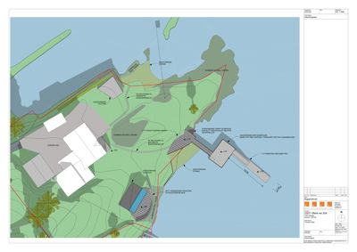 Situasjonsplan som viser tomtens form, terrengforhold, eksisterende og planlagt bebyggelse samt infrastruktur.