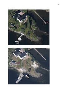 To bilder som viser en tomt sett fra luften (satellittbilde eller flyfoto). Bildene viser eksisterende hus, brygger og omgivelser.