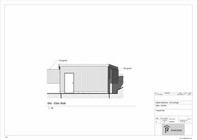 Fasadetegning av en ny boddflager (Øst) etter tiltak, med angivelse av eksisterende gjerd og detaljer.