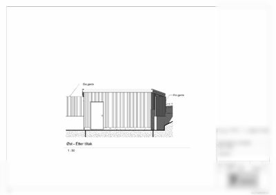Fasadetegning av en ny boddflager (Øst) etter tiltak, med angivelse av eksisterende gjerd og detaljer.