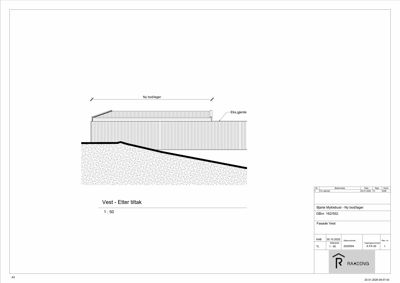 Fasadetegning som viser bygningens utseende fra vest etter tiltak, inkludert ny boddag og eksisterende gjerde.