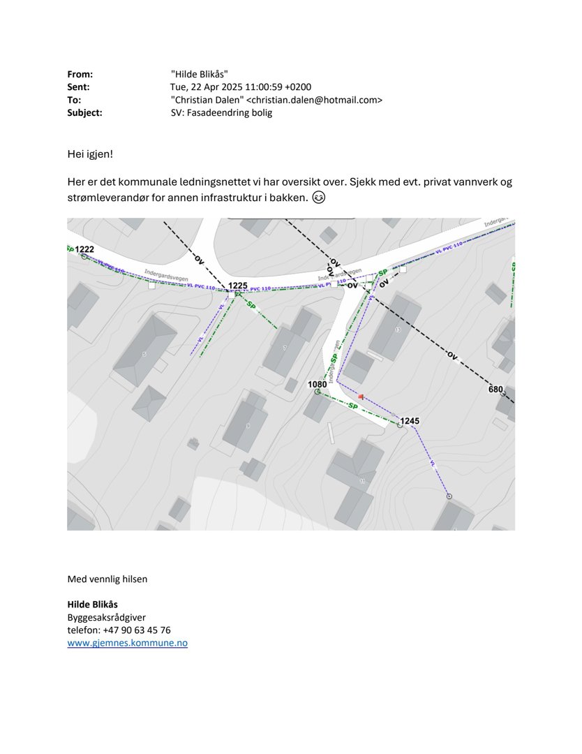 Et kommunalt kart som viser ledningsnett (OV) og infrastruktur i bakken for en bolig.