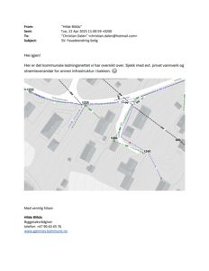 Et kommunalt kart som viser ledningsnett (OV) og infrastruktur i bakken for en bolig.