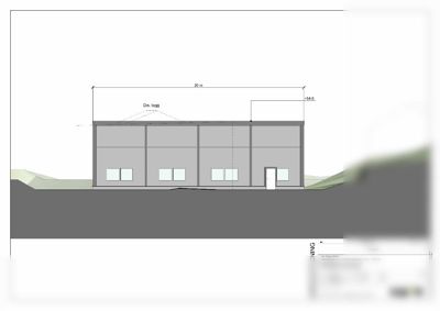 Fasadetegning av en bygning sett fra sør, med angitte mål og høyde.