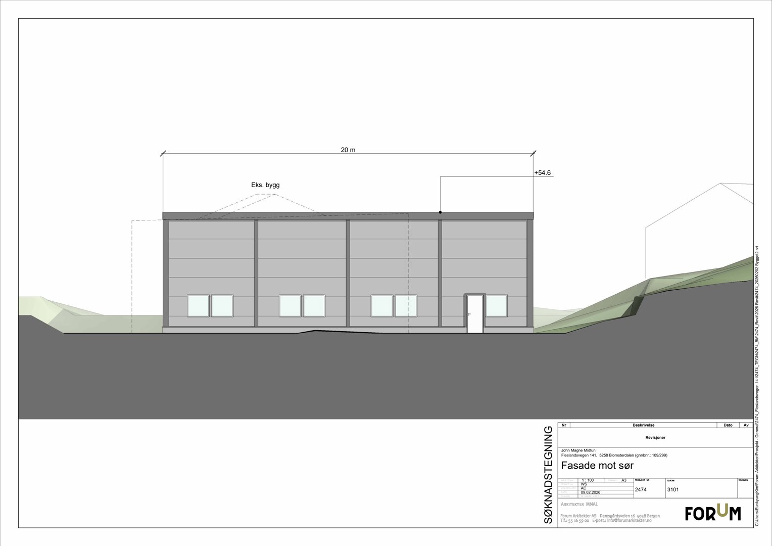 Fasadetegning av en bygning sett fra sør, med angitte mål og høyde.