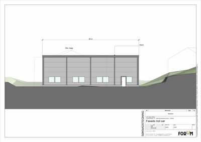 Fasadetegning av en bygning sett fra sør, med angitte mål og høyde.