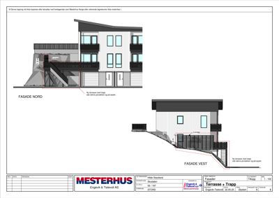 Fasadetegning som viser utsiden av bygningen sett fra nord og vest, inkludert detaljer om terrasser og trapper.