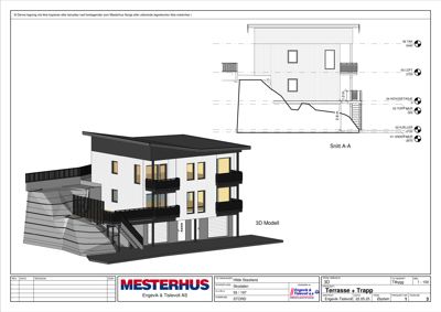 Bildet viser en 3D-visualisering av en bygning med et snitt (Snitt A-A) overfor. Det er merket som '3D Modell' og 'Rendering'.