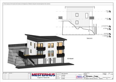 Bildet viser en 3D-visualisering (rendering) av en bygning, med en snittegning (Snitt A-A) i øvre høyre hjørne.