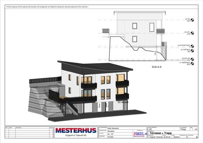 Bildet viser en 3D-visualisering (rendering) av en bygning, med en snittegning øverst.
