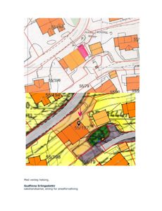 Situasjonsplan som viser tomtegrenser, naboeiendommer og bygningers plassering på et kartgrunnlag.