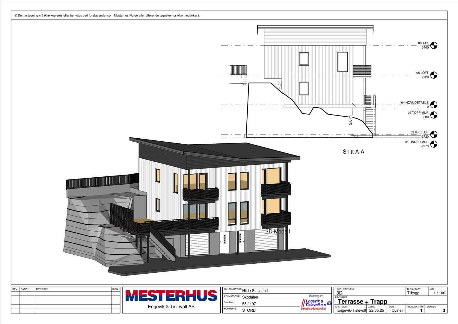 Bildet viser en 3D-visualisering (rendering) av en bygning med et snitt (Snitt A-A) overfor.