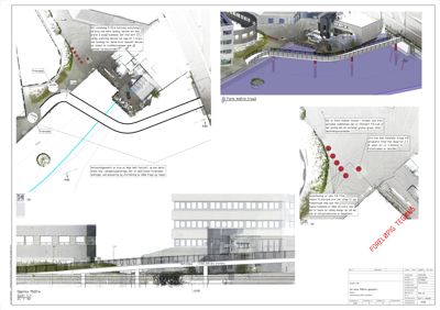 Fasadetegning med oppriss av bygning sett fra siden, inkludert detaljer om trapp, vinduer og konstruksjon.