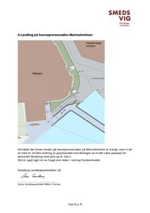 Situasjonsplan som viser plassering av en bro på havnepromenaden, tilstøtende eiendommer (Biologen, Høyteknologisenteret) og terrengforhold.