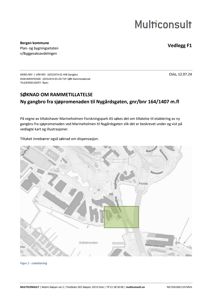 Et situasjonskart som viser lokalisering av et nytt gangbru mellom Sjøpromenaden og Nygårdsgaten, med omgivende infrastruktur og topografi.