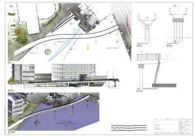 Fotografi av en planlagt eller eksisterende bro med tilhørende tegninger (plan, snitt og detaljer) som viser byggeprosessen.