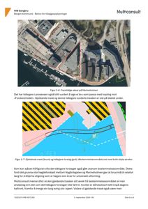 Luftfoto av Marineholmen med overlagte tegninger som viser fremtidige aksar (rød og blå linjer) og gjeldende trasé (brunt) for en bro.