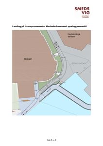 Situasjonsplan som viser en landing på havnepromenaden ved Marineholmen, med angivelse av naboeiendommer (Biologen, Høyteknologisenteret) og formålsgrenser.